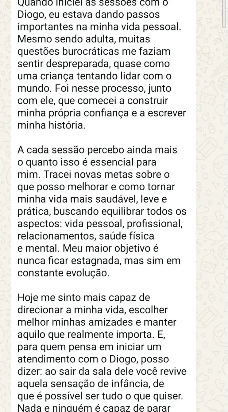Mensagem de paciente contando como começou a construir confiança ao longo das sessões
