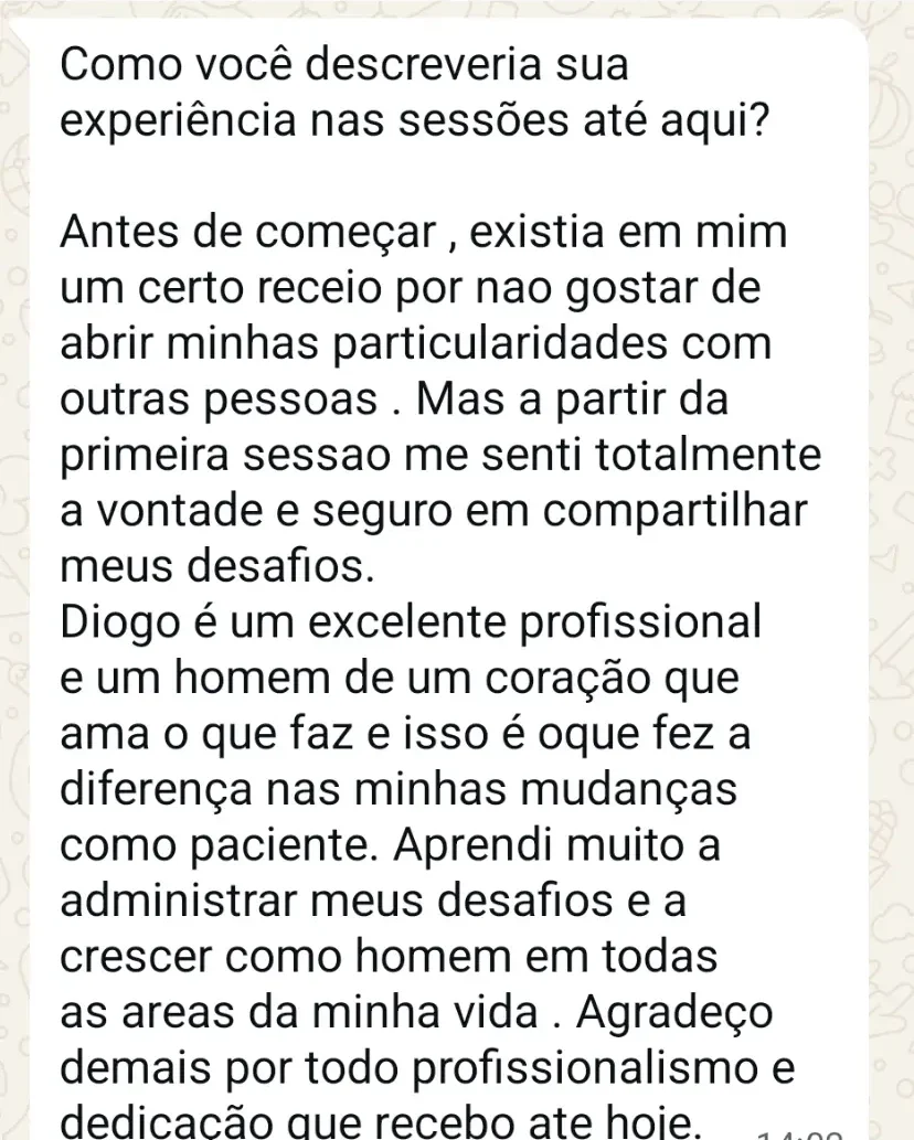 Mensagem de paciente que tinha receio de se abrir e se sentiu à vontade desde a primeira sessão