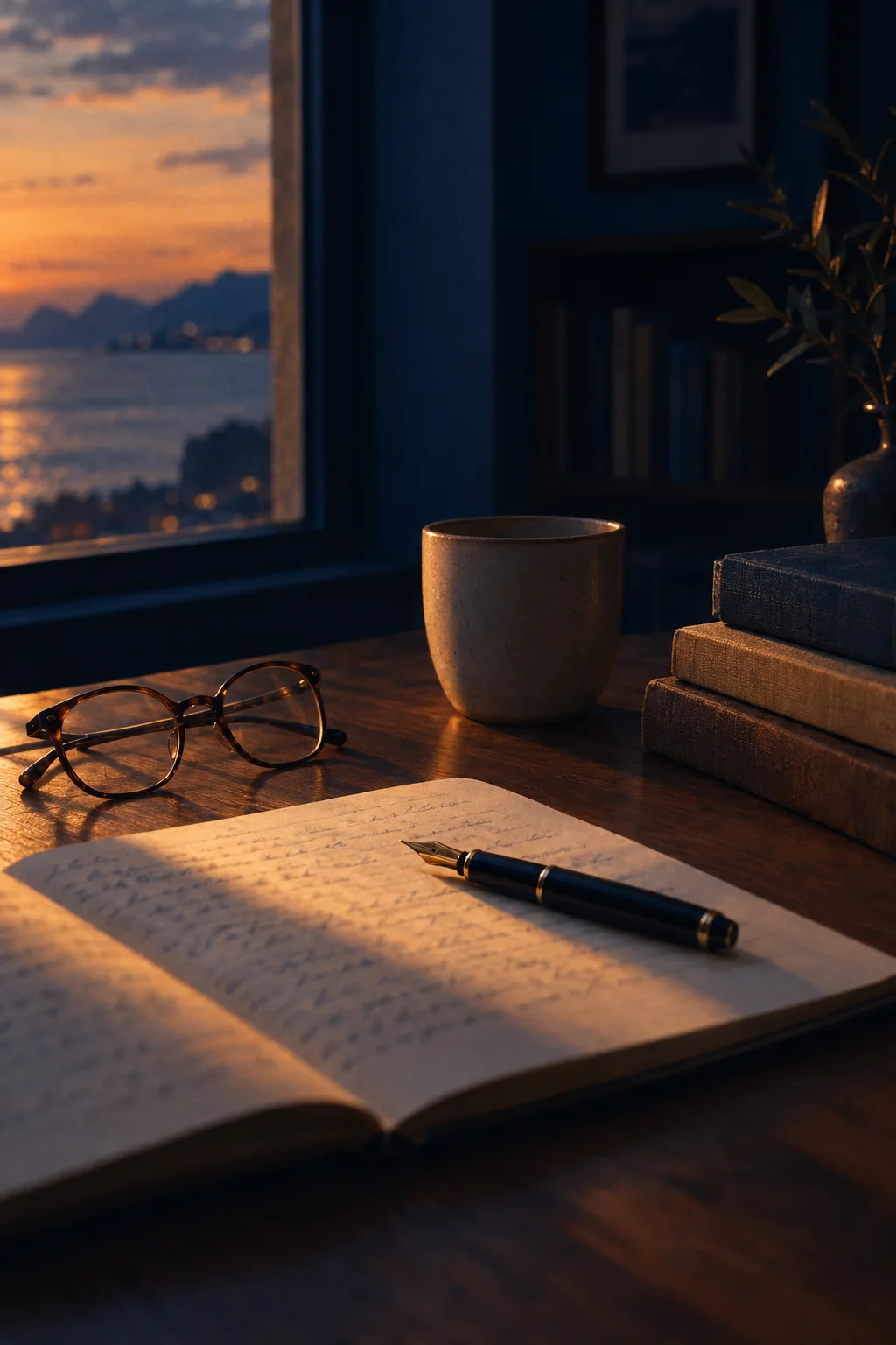 Caderno aberto com anotações, caneta, óculos, uma xícara e livros sobre uma mesa de madeira, ao lado de uma janela com vista para o mar no fim da tarde